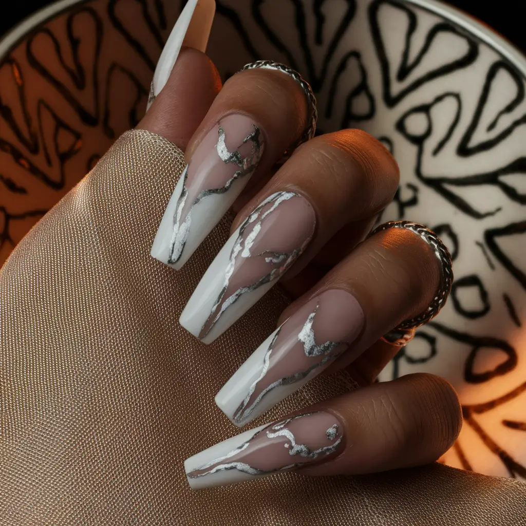 fall coffin nail ideas Metallic Marble Magic