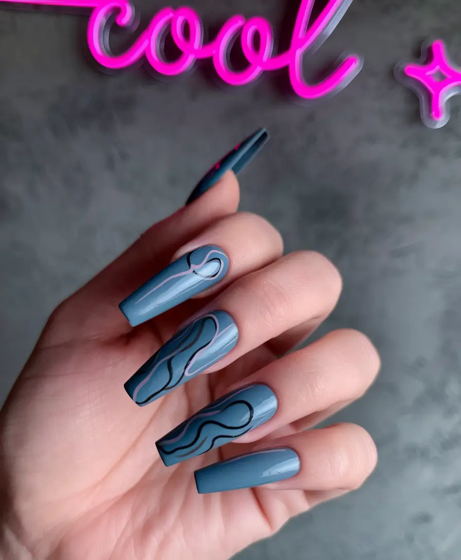 fall coffin nail ideas Stormy Blue Waves
