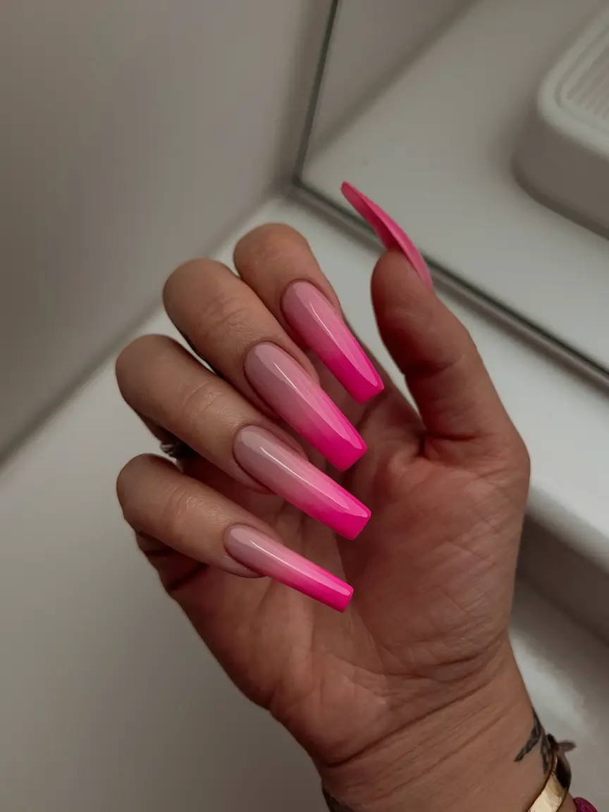 fall coffin nail ideas Neon Pink Fade