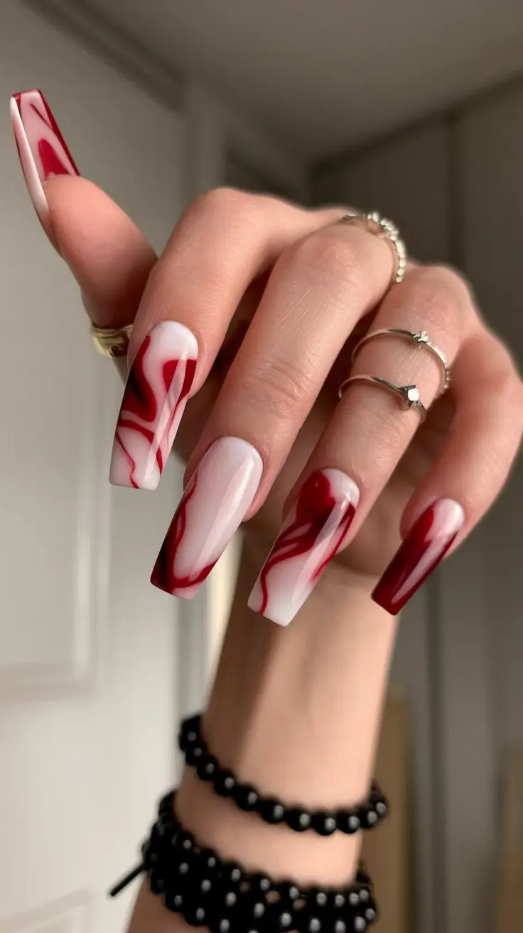 fall coffin nail ideas Red Marble Flow