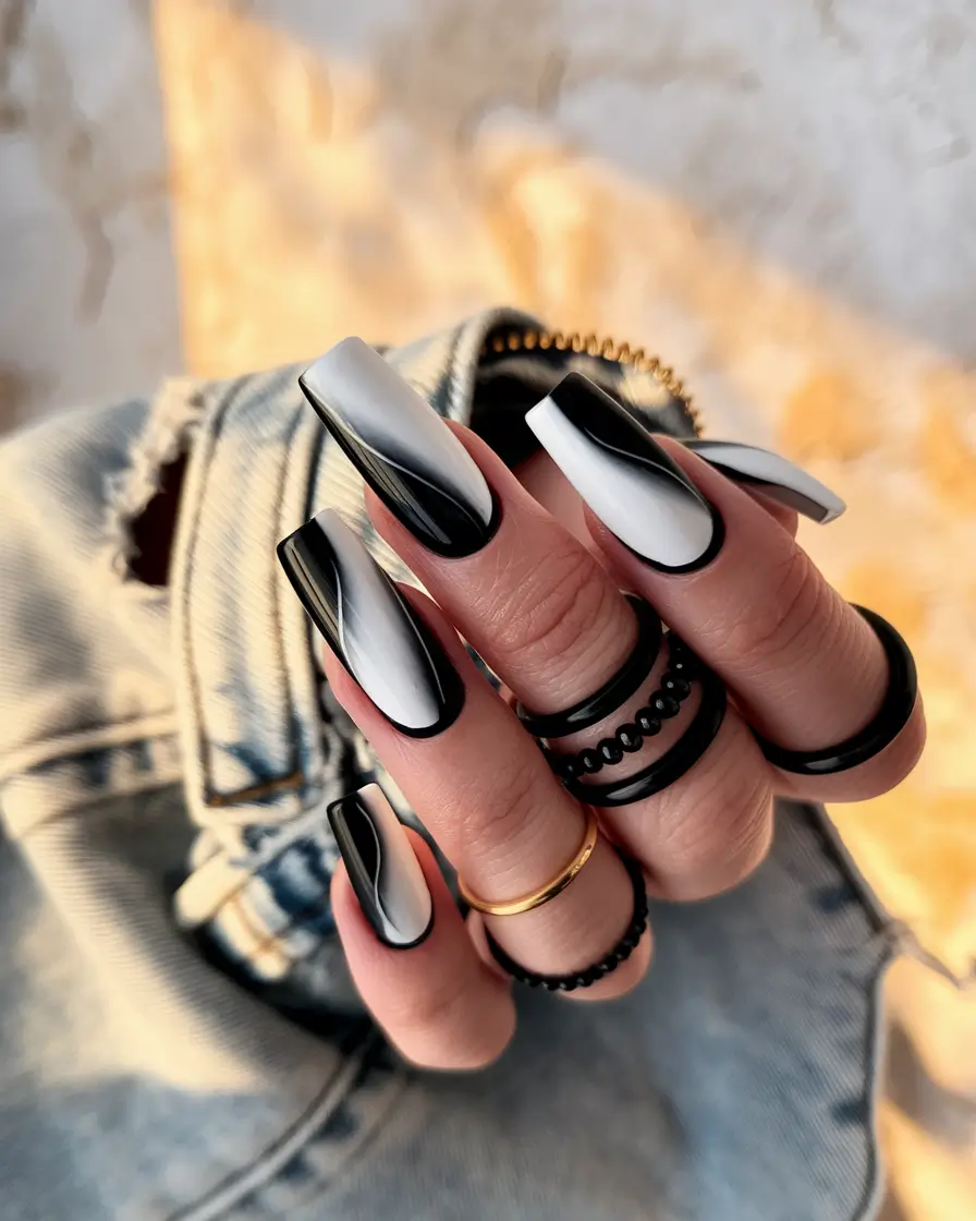 fall coffin nail ideas Monochrome Wave Drama