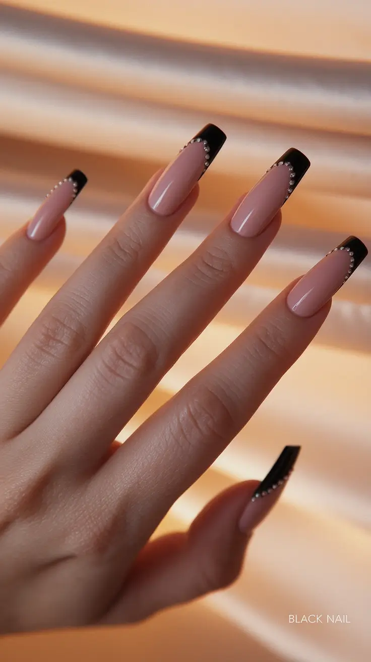 fall coffin nail ideas Black French with Sparkle