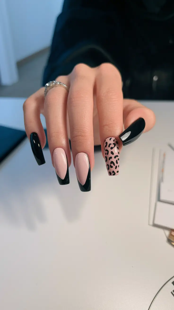 fall coffin nail ideas Black Edge Meets Leopard