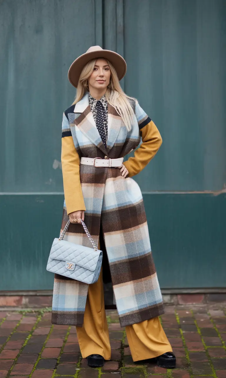 early winter outfits casual Layered Elegance in Plaid and Mustard