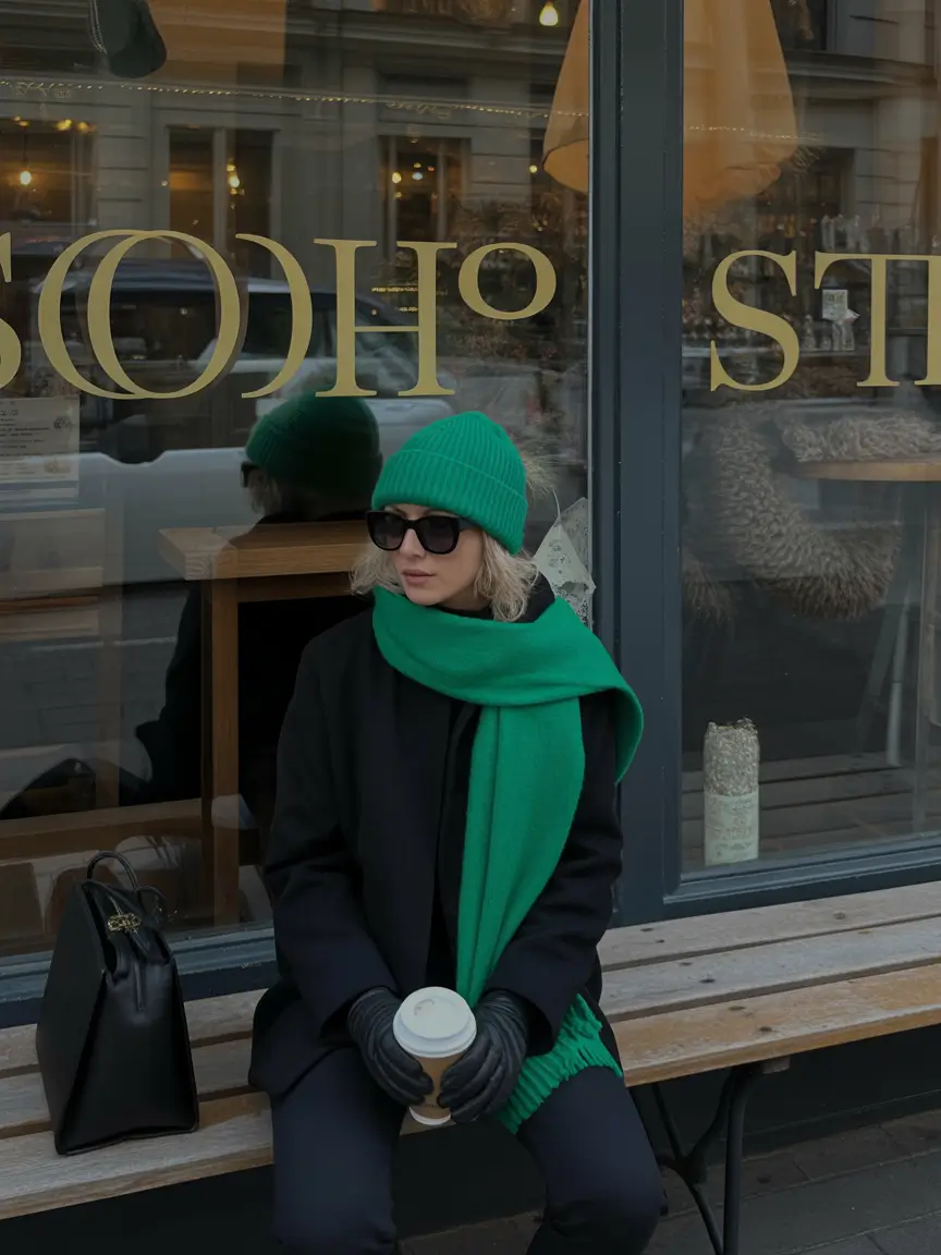 early winter outfits office Green Accents on Classic Black