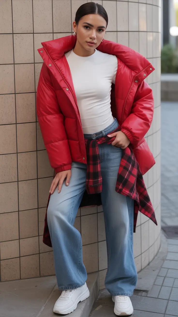 early winter outfits casual Red Puffer with Denim Ease