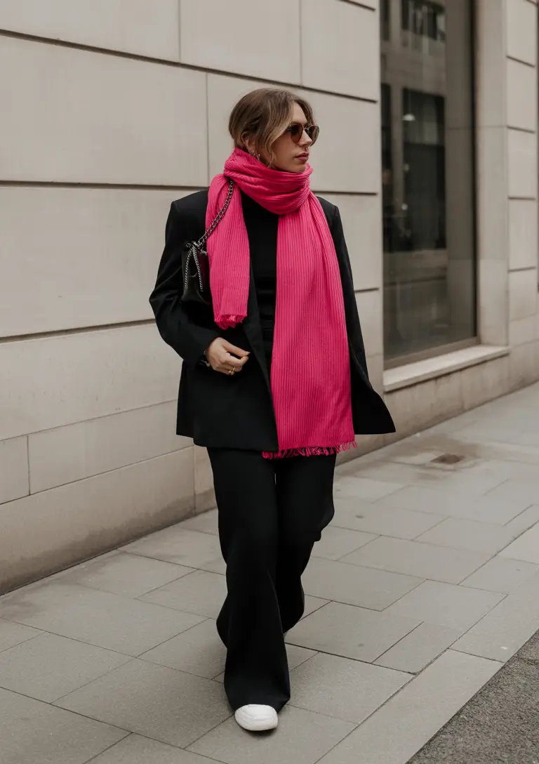early winter outfits for work Bold Scarf, Minimal Base