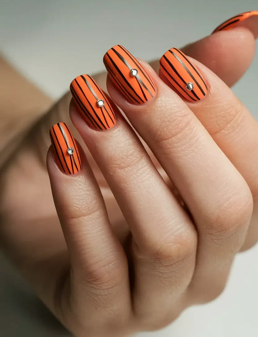 fall colors for nails 2025 Autumn Orange Stripes