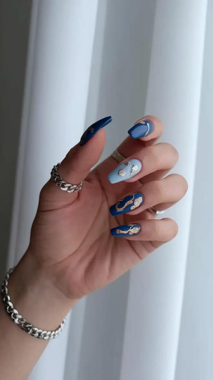 fall colors for nails 2025 Blue & Gold Statement