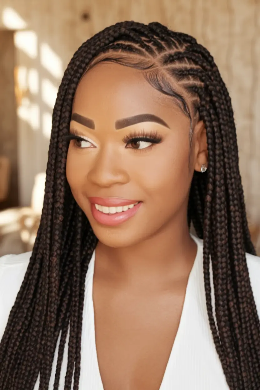 fall hairstyle for black women Long Box Braids with Side Part