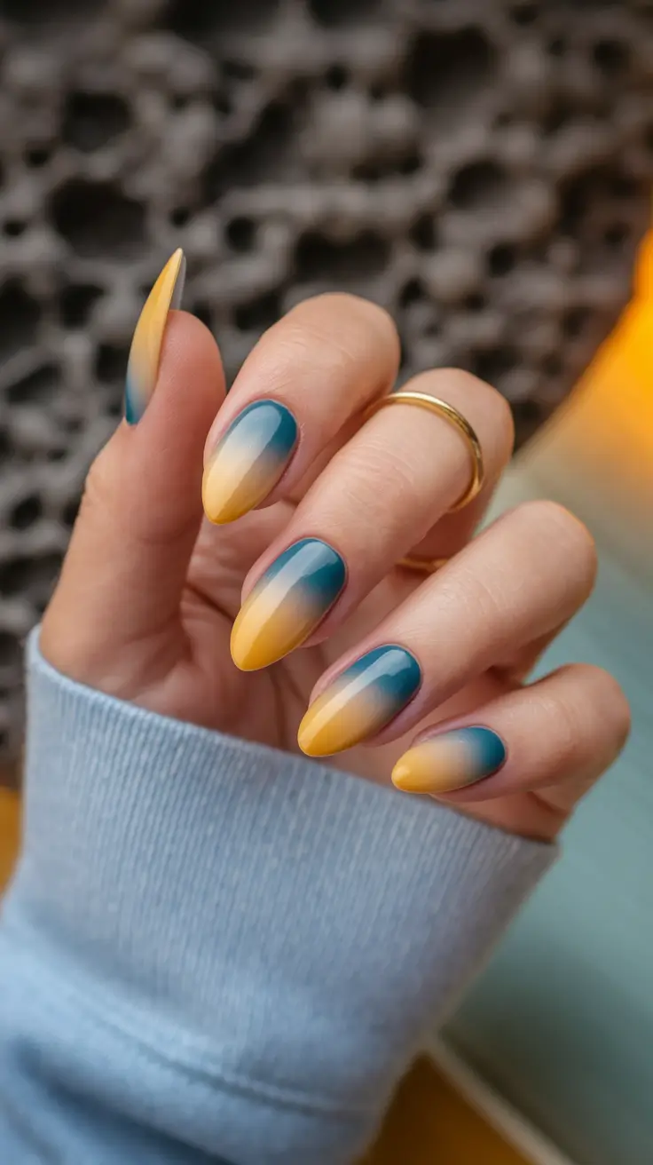 fall ombre nails ideas Teal and Mustard Ombre