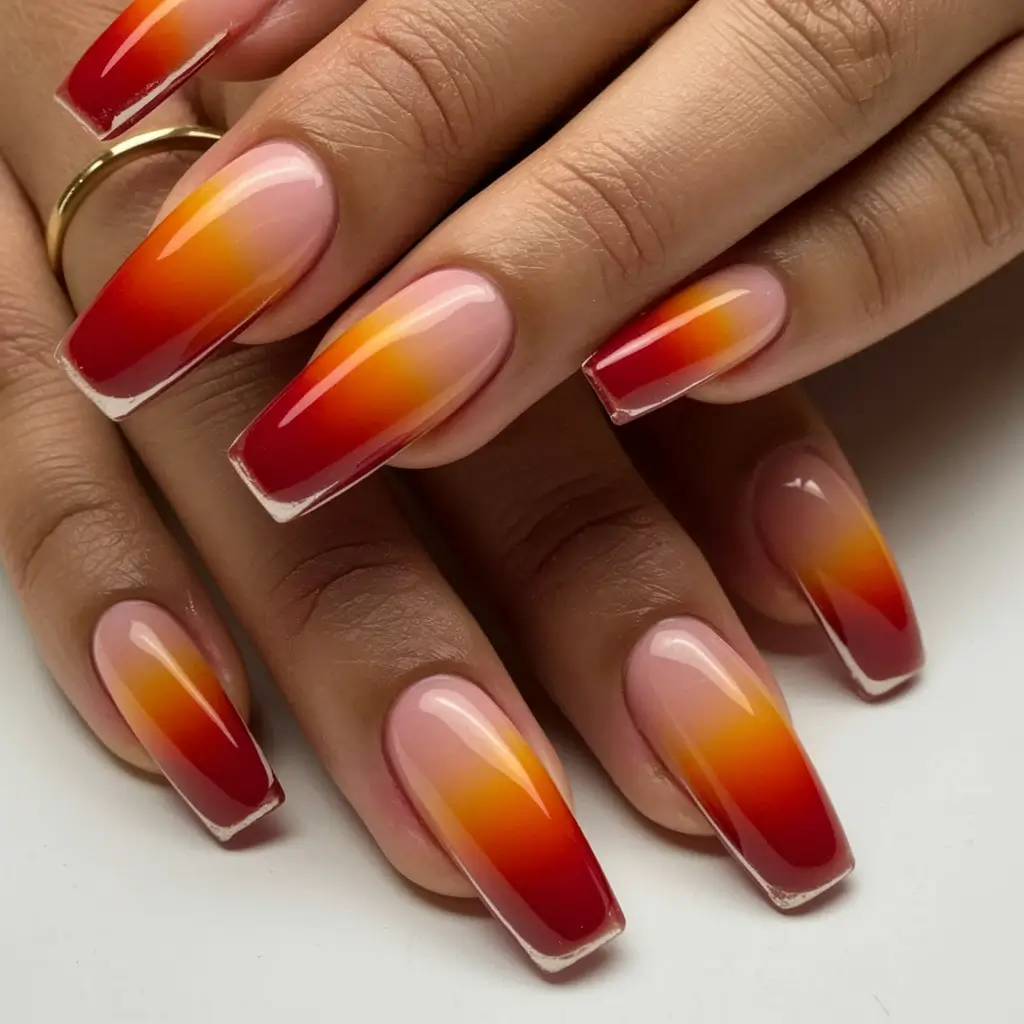 fall ombre nails ideas Sunset Red and Orange Gradient
