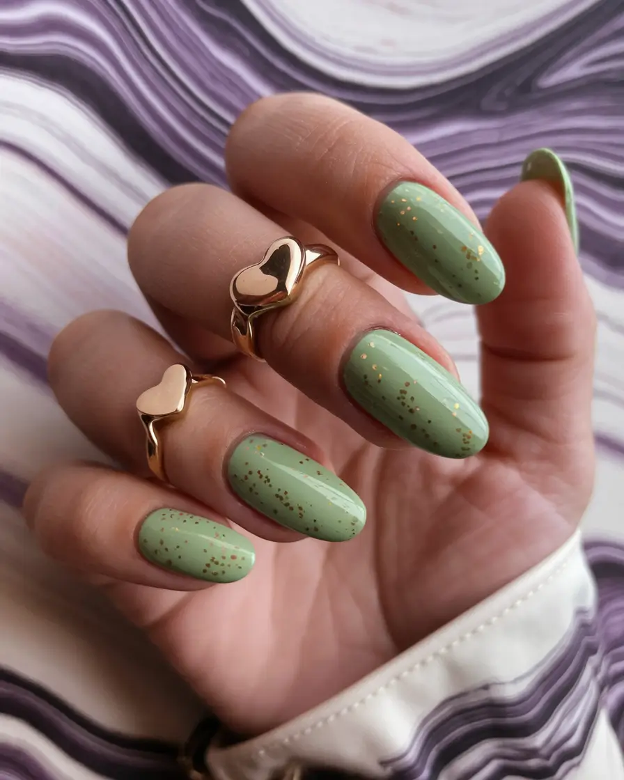 fall nails oval shape design Mint Green with Golden Sparkle