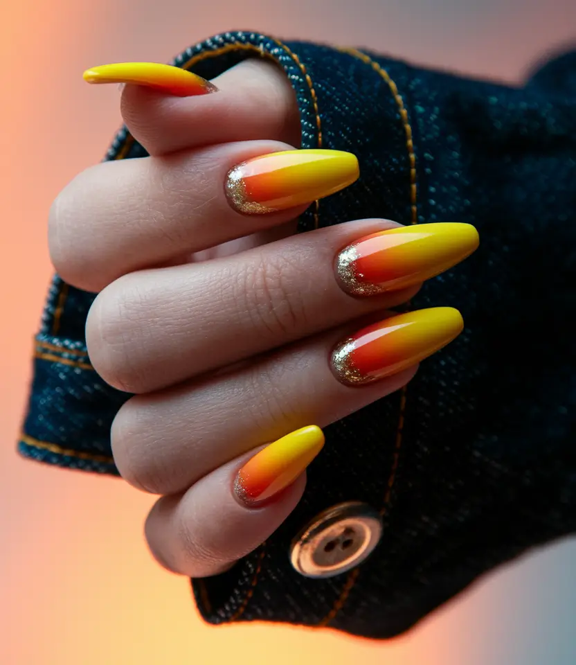 fall nails oval shape long Fiery Sunset Ombre