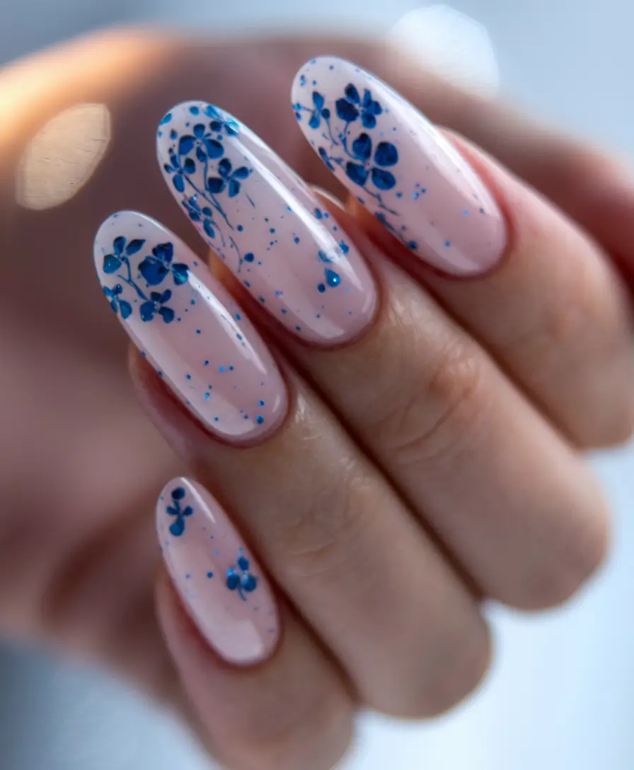 oval shape nails designs fall Blue Botanical Whimsy