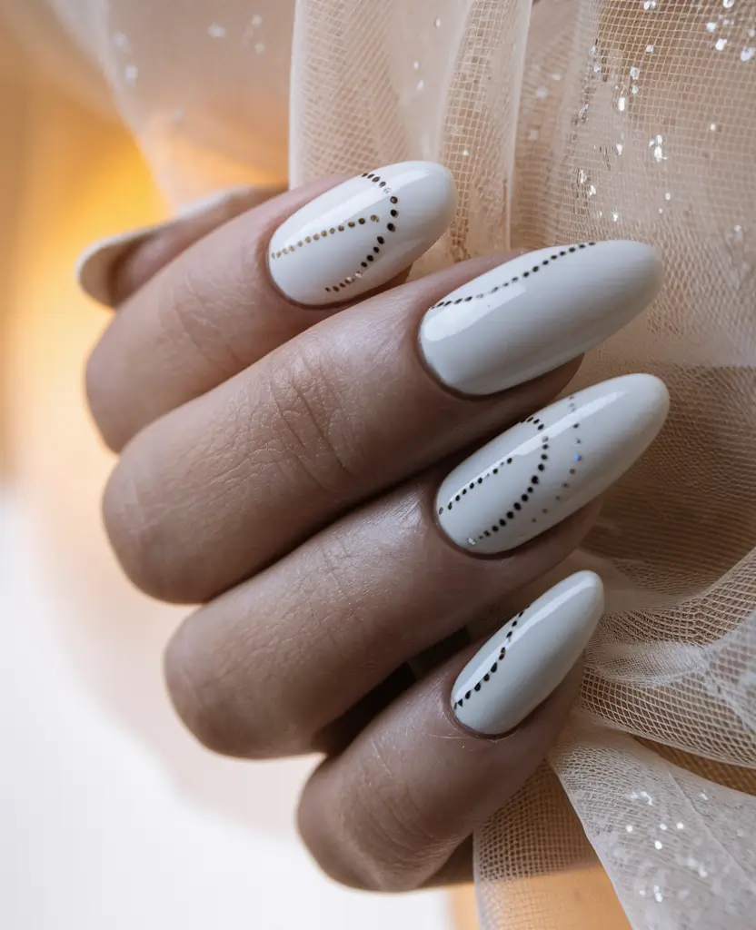 simple fall nails oval shape Minimalist White with Dotted Trails
