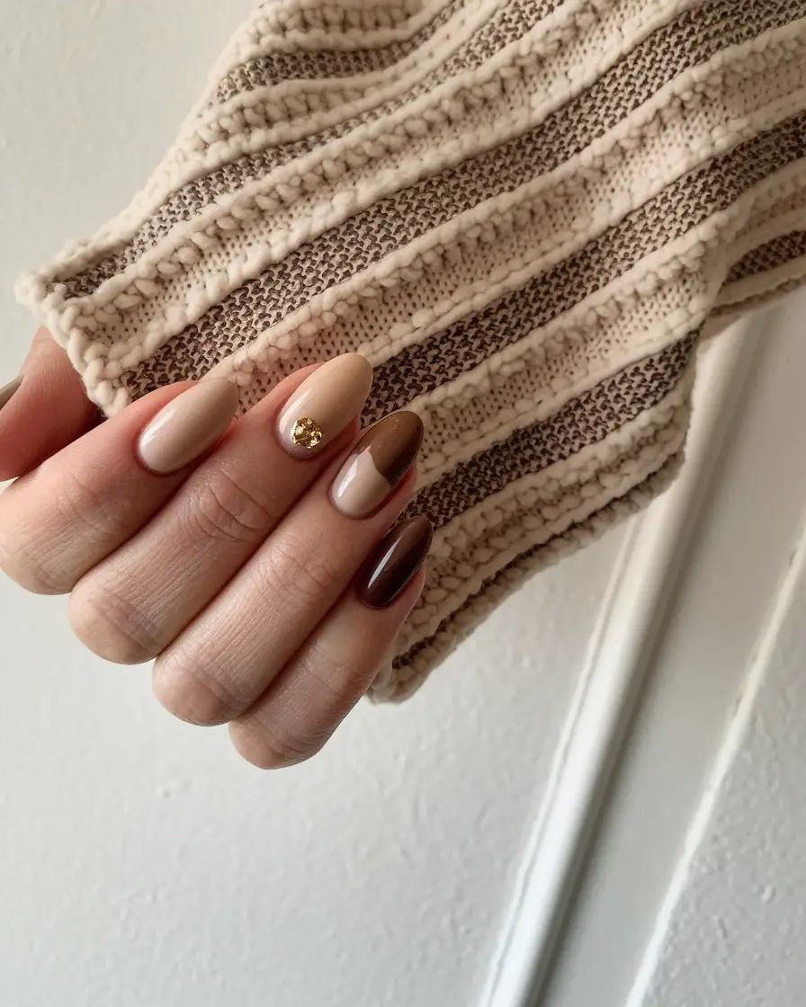 fall nails oval shape brown Cozy Brown Mix