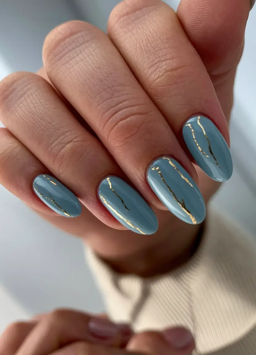 oval shape nails designs fall Blue Marble Veins