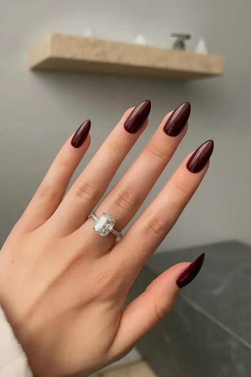 fall nails oval shape red Deep Wine Gloss