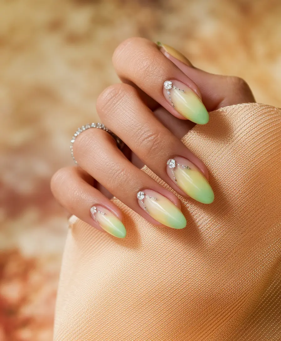 oval shape nails designs fall Sunset Ombre with Crystals