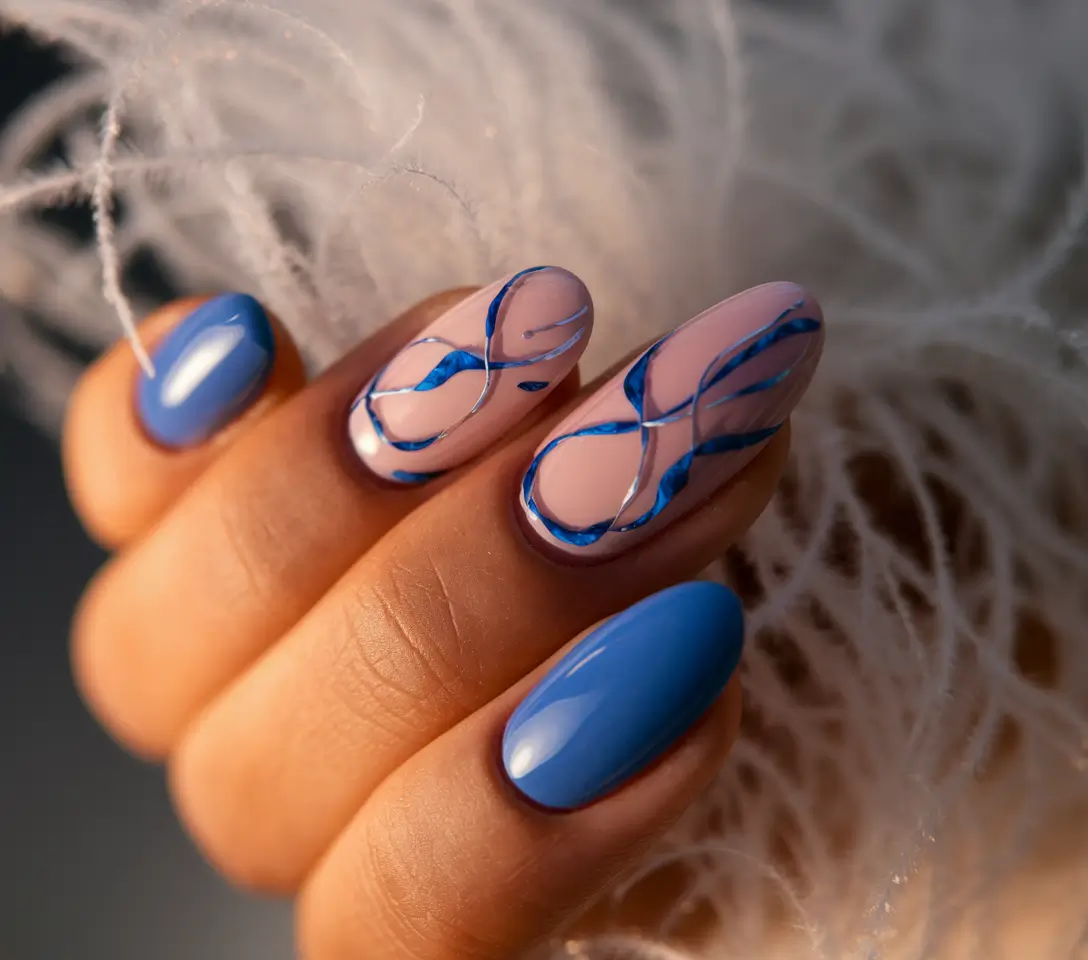 oval shape nails designs fall Blue Abstract Flow
