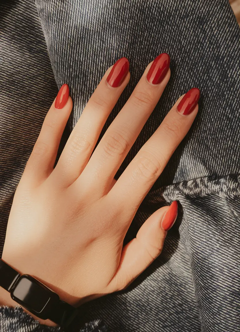 short oval shaped fall nails Denim Red Simplicity