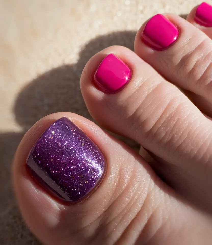 october-toe-nails-ideas-Magenta-with-Glittering-Purple-Accent