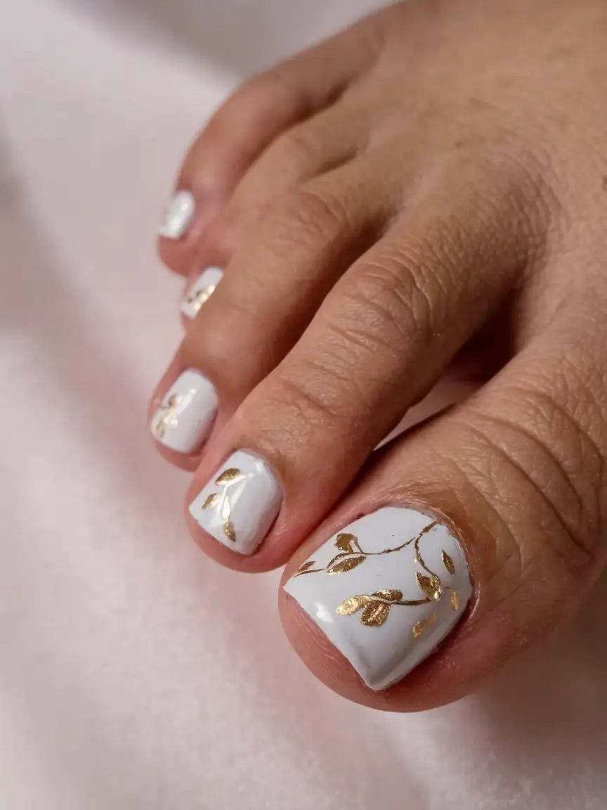 october-toe-nails-fall-colors-White-Elegance-with-Golden-Leaves