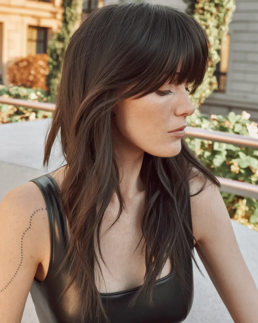 cute fall hairstyles for long hair Textured Layers With Full Fringe