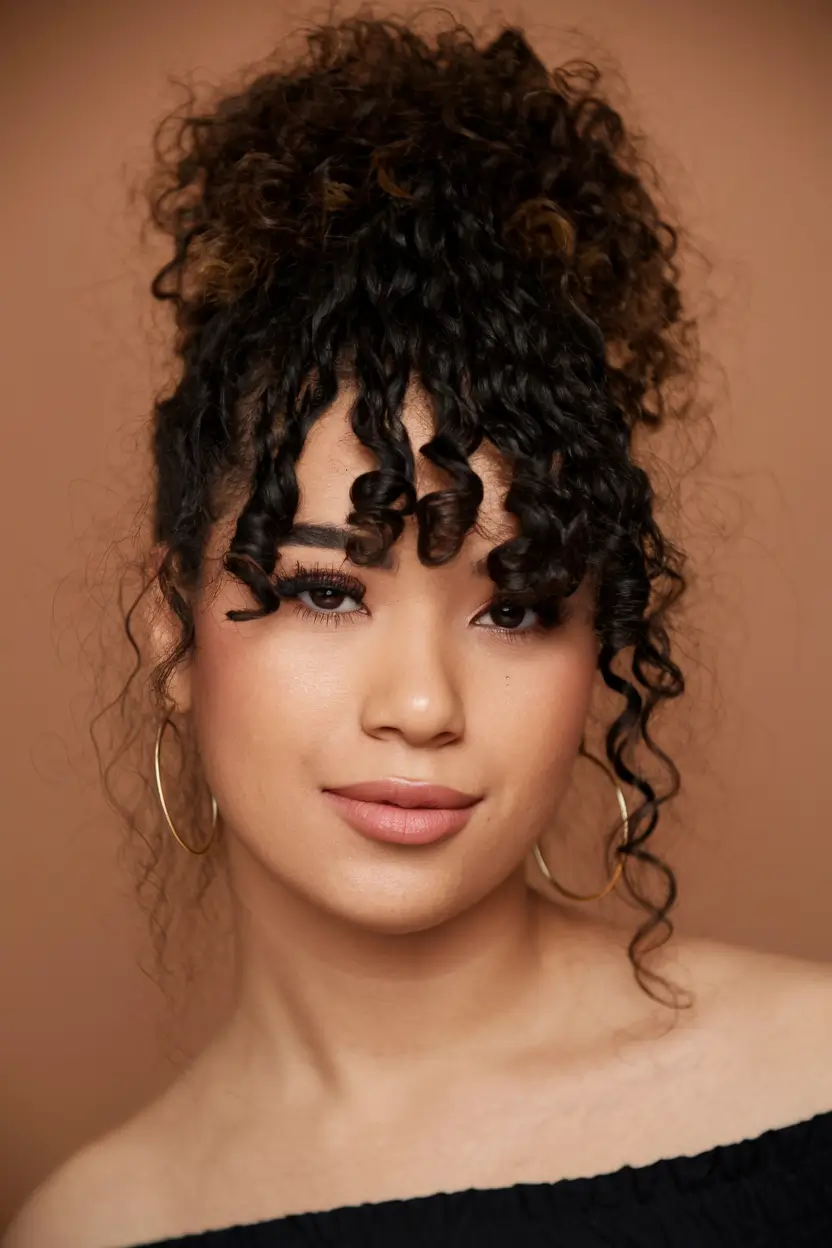 cute fall hairstyles for black women Curly High Puff With Defined Bangs