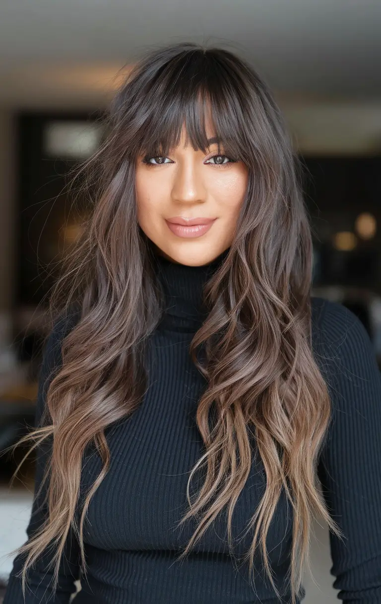 cute fall hairstyles for long hair Long Layered Waves With Fringe