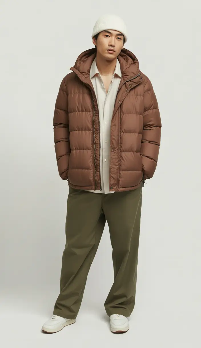 winter-outfits-men-aesthetic-Relaxed-Brown-Puffer-Ease