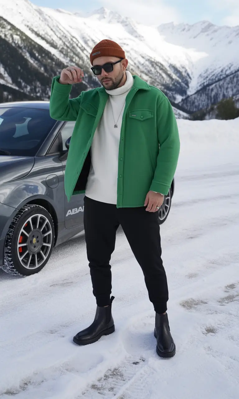 winter-outfits-men-snow-Pop-of-Green-Against-the-Snow