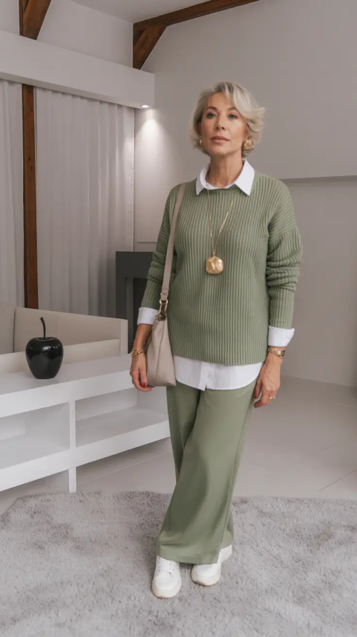 Modern Winter Outfits 2025 2026 for 50 Women Fresh Green Tones with Relaxed Layers