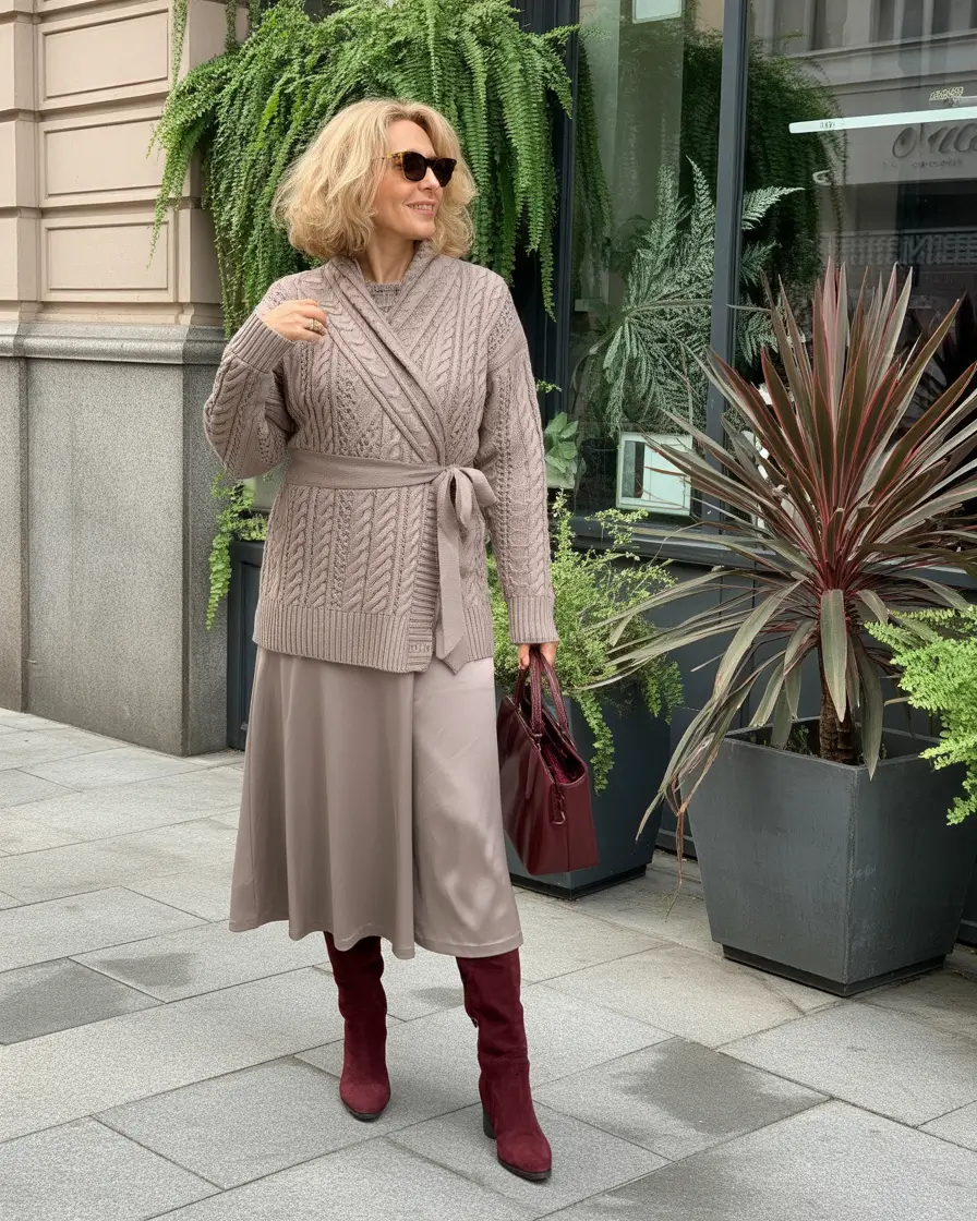 Modern Winter Outfits 2025 2026 for 50 Women Textured Knits with Burgundy Highlights