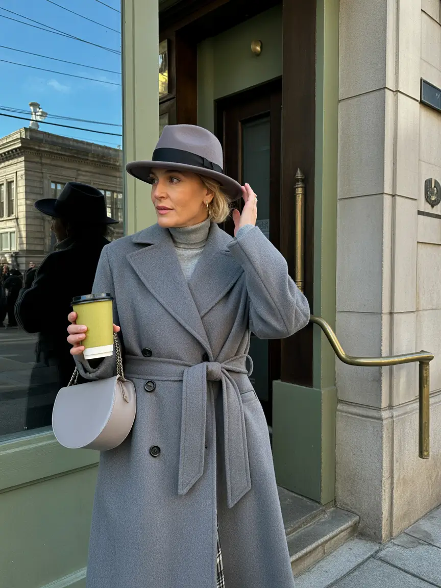 Modern Winter Outfits 2025 2026 for 50 Women Gray Coat with a Statement Hat
