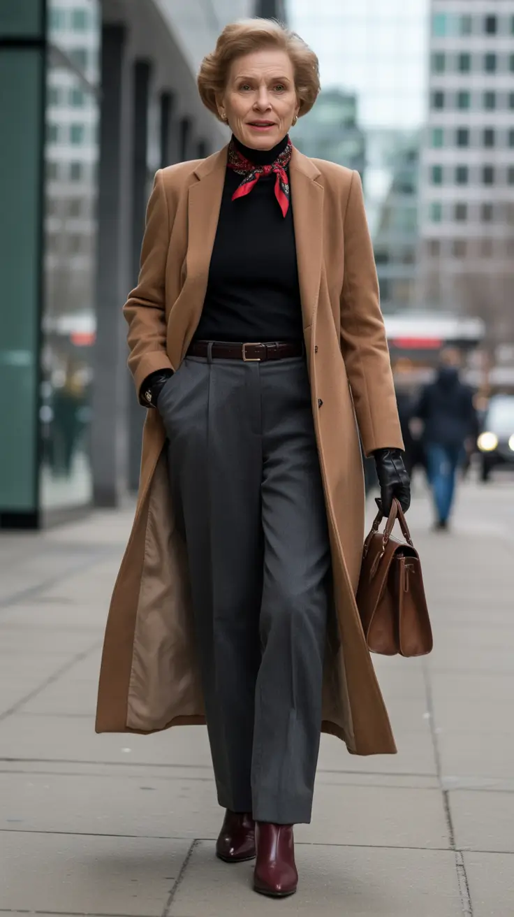 Modern Winter Outfits 2025 2026 for 50 Women Tailored Elegance with a Scarf Accent