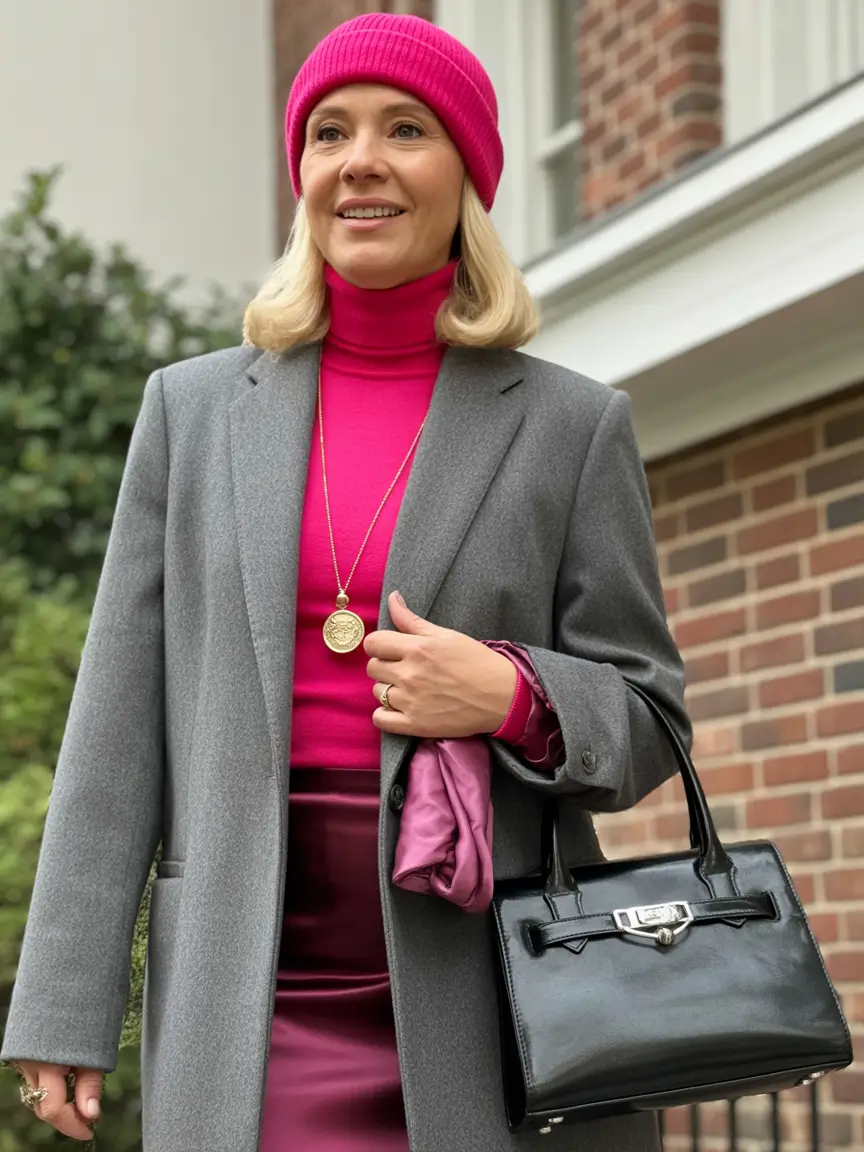winter outfits over 60 women Grey Elegance with a Pop of Pink