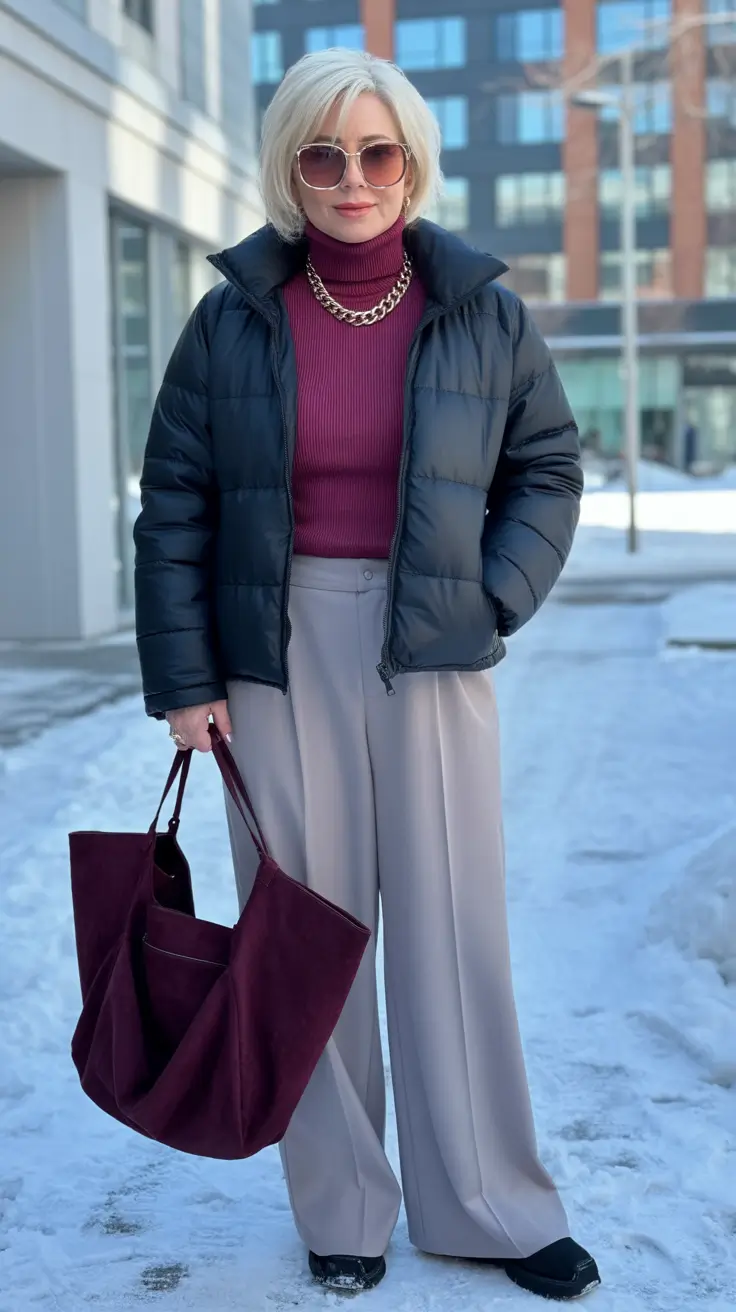 winter outfits over 60 women Berry Tones and Black Puffer Duo