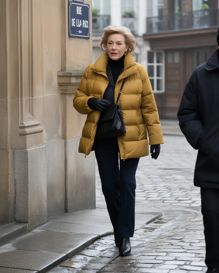 winter outfits over 60 women Mustard Puffer with Sleek Black Layers