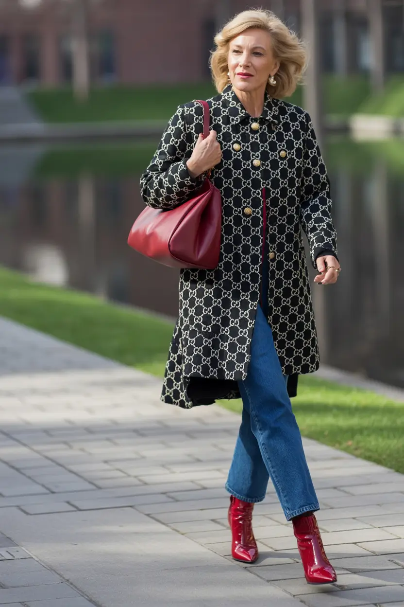 winter outfits over 60 women Patterned Coat with Red Accents