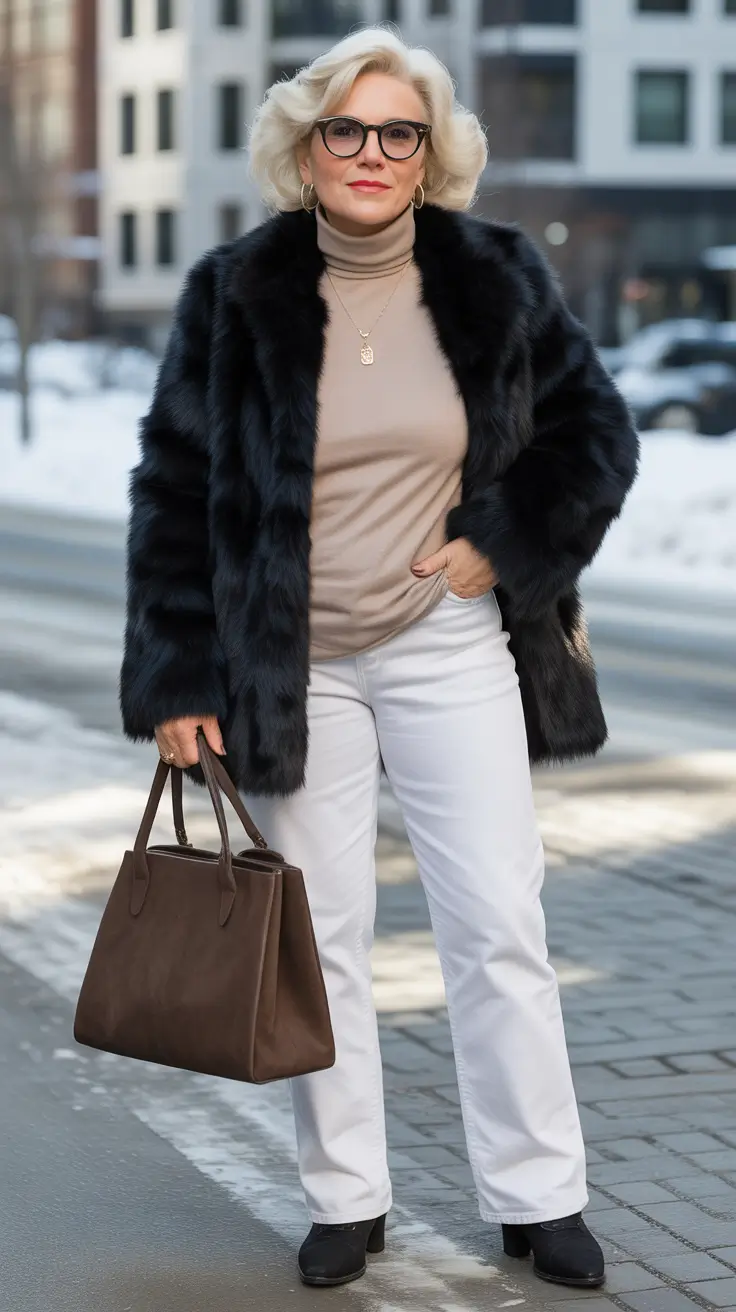 winter outfits over 60 women Neutral Palette with Faux Fur