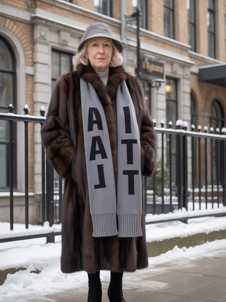 winter outfits over 60 women Classic Fur with Oversized Scarf