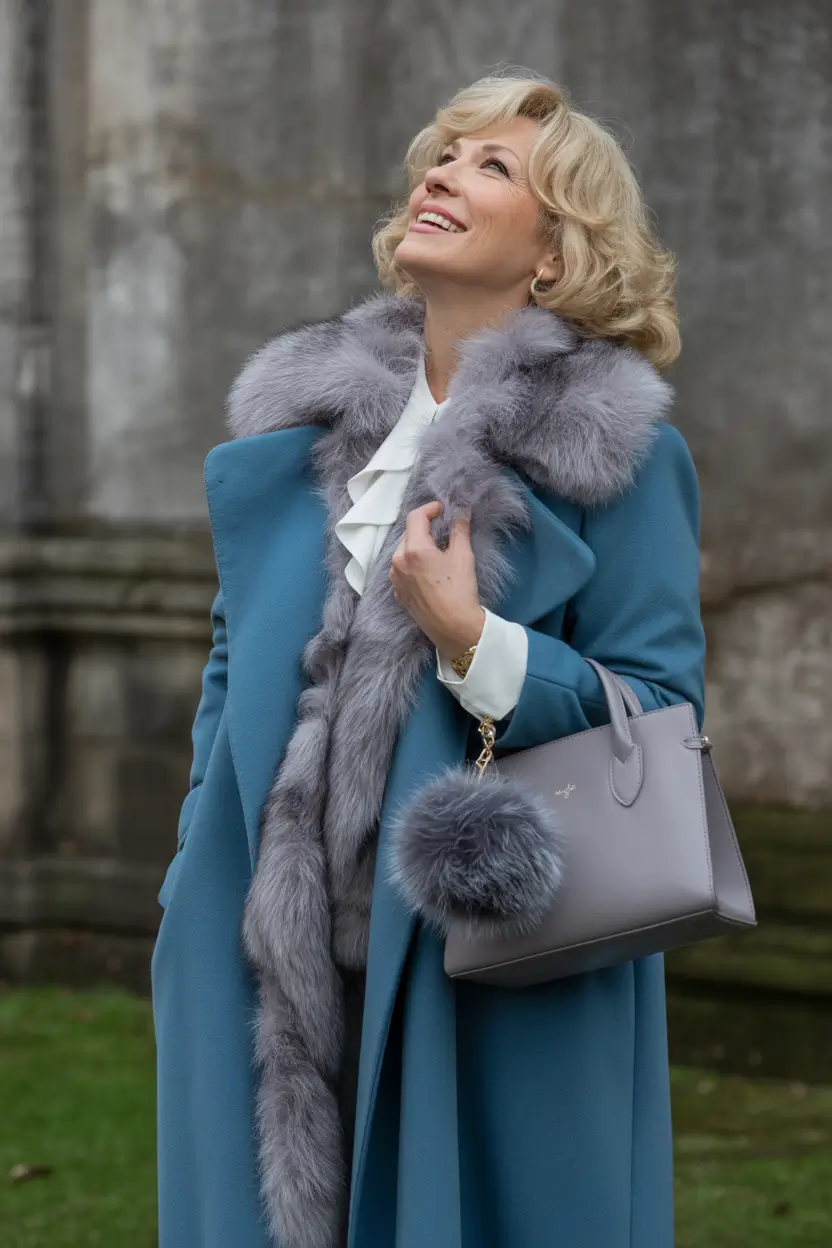 winter outfits over 60 women Blue Coat with Luxe Fur Trim