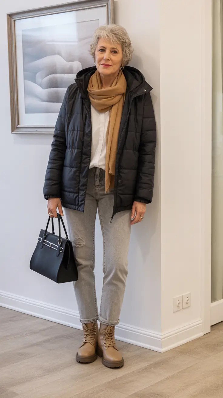 winter outfits over 60 women Laid-Back Neutrals with Quilted Jacket