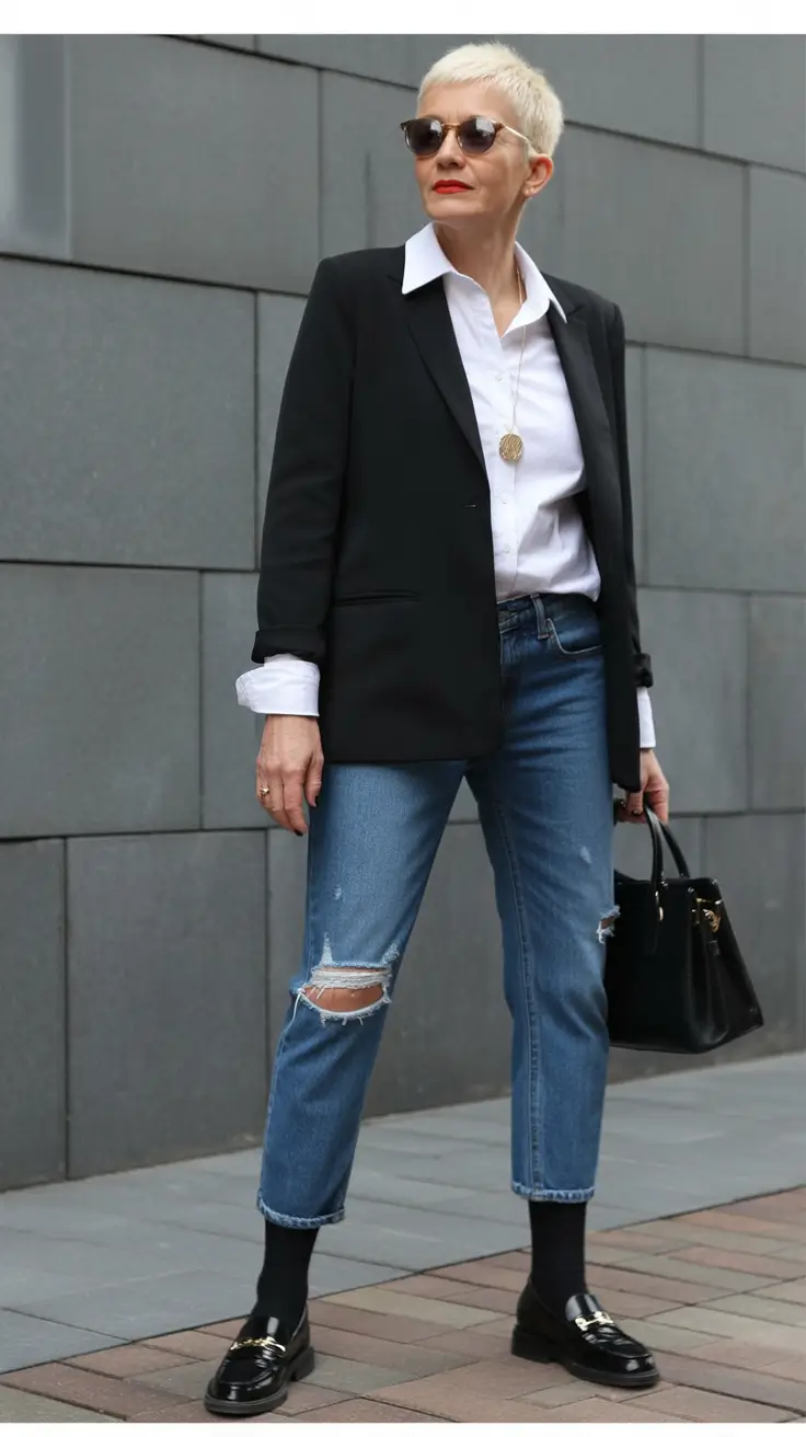 winter outfits over 60 women Chic Denim and Blazer Combo