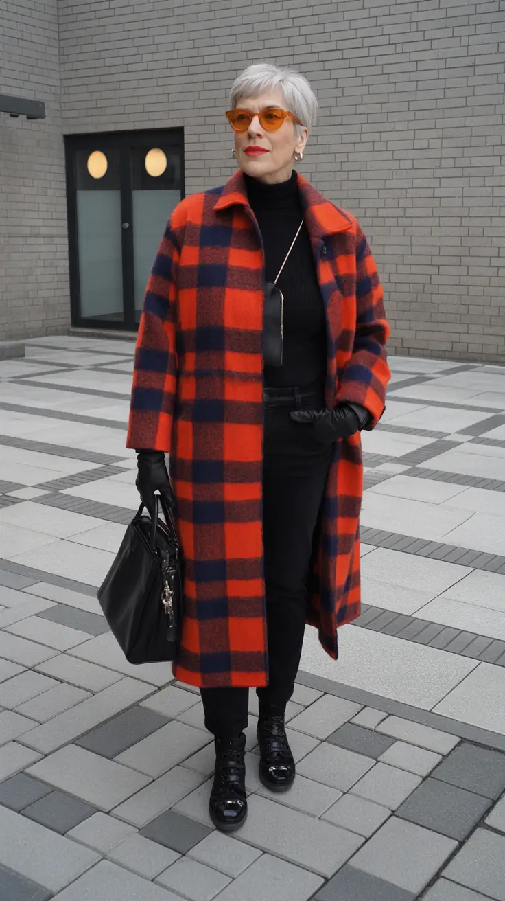 winter outfits over 60 women Bold Plaid Statement Coat