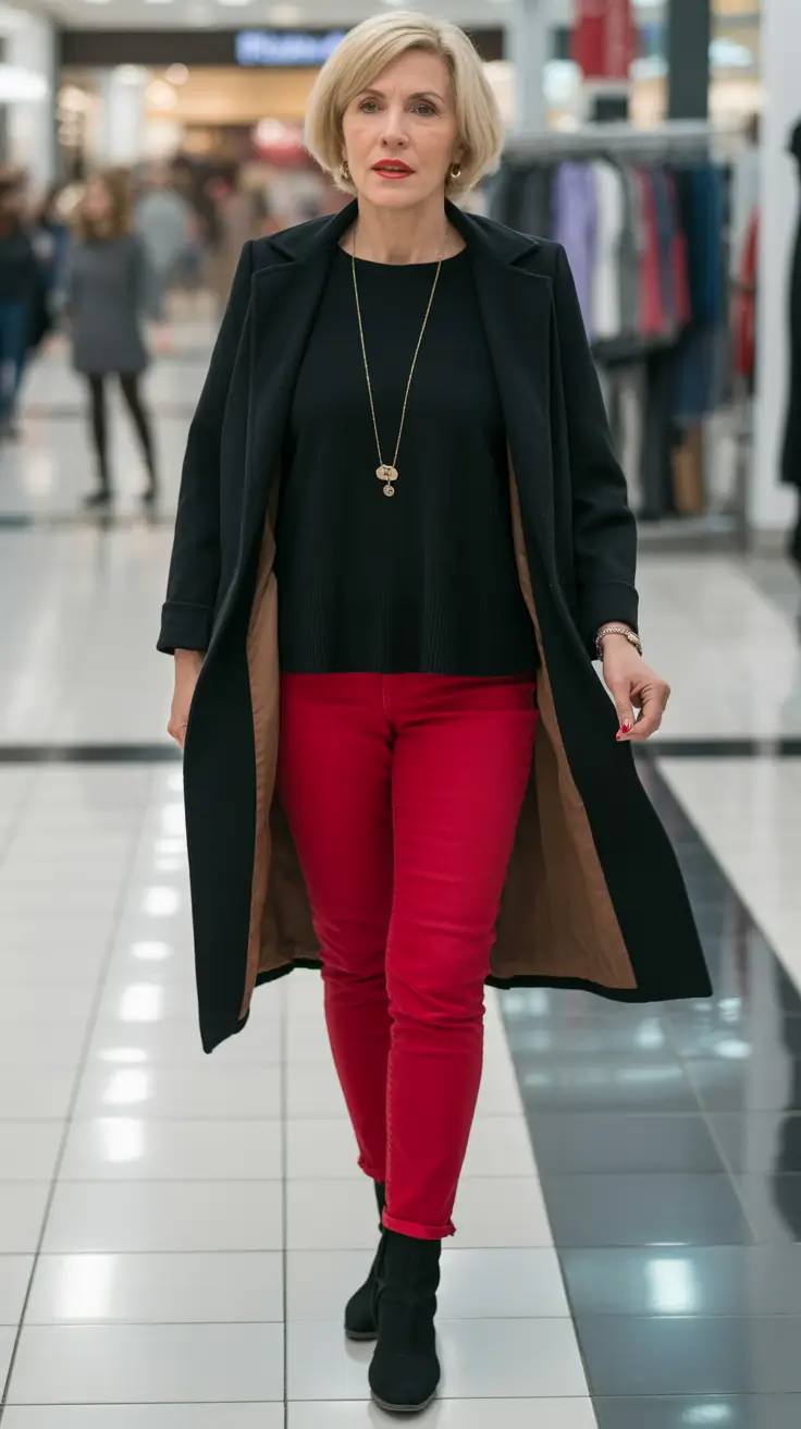 winter outfits over 60 women Classic Black with a Pop of Red