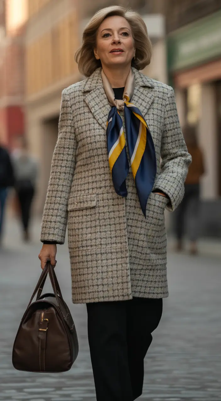 winter outfits over 60 women Houndstooth Coat with Silk Scarf