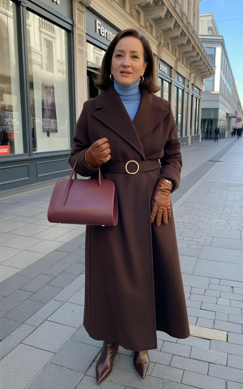 winter outfits over 60 women Chocolate Brown Coat with Sky-Blue Accent